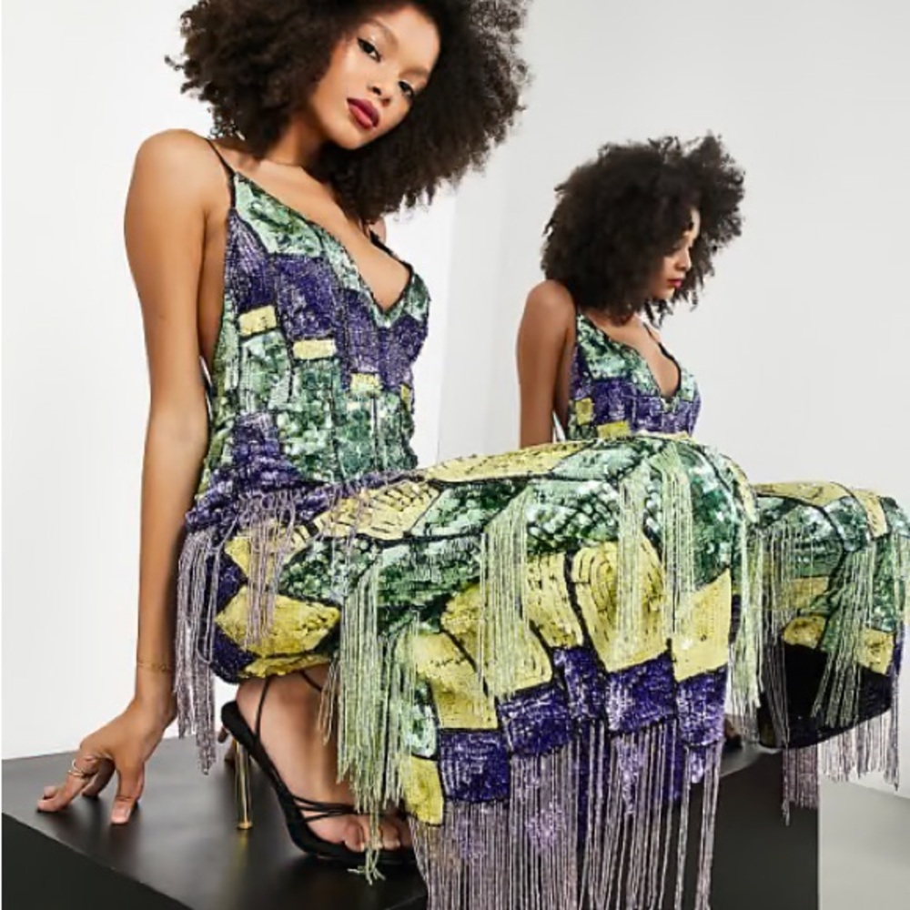 ASOS Sequin Fringe Dress in Green, Purple, and Yellow